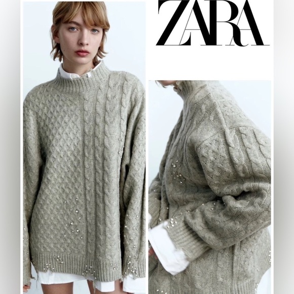 ZARA High Neck Ripped Cable Knit Sweater With Studs Size M - Picture 1 of 16